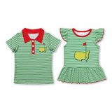Matching Baby girls boys Red Flag map Golf course Green striped short sleeve top