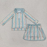 GLD1001 baby Girls green stripe bow long shirt skirt outfits