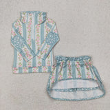 GLD1001 baby Girls green stripe bow long shirt skirt outfits