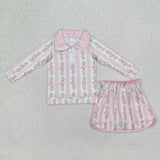 GLD1002 baby Girls pink stripe bow milk silk long shirt skirt outfits