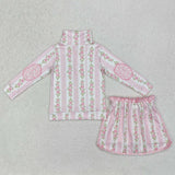 GLD1002 baby Girls pink stripe bow milk silk long shirt skirt outfits