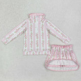 GLD1002 baby Girls pink stripe bow milk silk long shirt skirt outfits