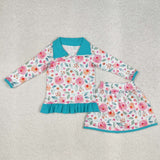 GLD1009 baby Girls green floral milk silk long shirt skirt outfits