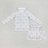 GLD1012 baby Girls blue flower milk silk long sleeve shirt skirt outfits
