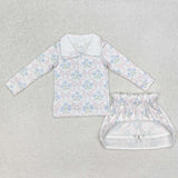 GLD1012 baby Girls blue flower milk silk long sleeve shirt skirt outfits