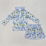 GLD1016 Girls blue flower zipper skirt outfits