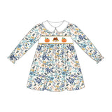 GLD1071 baby girls Halloween embroidered Pumpkin blue flower dress
