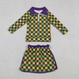 GLD1362  baby girls Mardi Gras checkered skirt zip long sleeve Outfits yoga