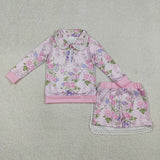GLD1572  girls flower pink long sleeve zipper skirt outfits