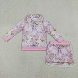 GLD1572  girls flower pink long sleeve zipper skirt outfits