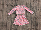 Pre-order GLD1601 Girls castle bow stripe pink skirt long sleeve skirt Outfits yoga