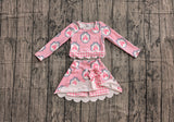 Pre-order GLD1601 Girls castle bow stripe pink skirt long sleeve skirt Outfits yoga
