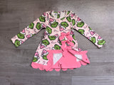 Pre order GLD1651 girls Christmas cartoon long sleeve pink bow scalloped dress