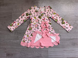 Pre order GLD1656 girls Christmas cartoon long sleeve pink bow scalloped dress