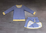 Sample GLD1798 baby girl blue plaid skirt long sleeve outfits yoga