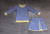 Sample GLD1798 baby girl blue plaid skirt long sleeve outfits yoga