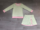 Sample GLD1800 baby girl green plaid skirt long sleeve outfits yoga