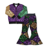 Purple gold green sequin jakcet pants girls outfits