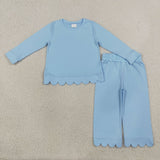 Matching Baby girls solid long sleve pant scalloped outfits cotton