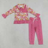 GLP3315 Girls flower button long sleeves pink pant outfits