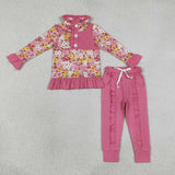 GLP3315 Girls flower button long sleeves pink pant outfits