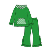 Preorder MOQ 5 pcs Each Color Solid Color Ruffles Plaid Hoodie Girls Set-2026.8.20