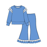 10.22 Pre-order girls solid ruffle  long sleeve bell pants outfits COTTON