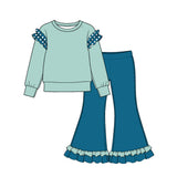 10.22 Pre-order girls solid ruffle  long sleeve bell pants outfits COTTON