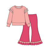10.22 Pre-order girls solid ruffle  long sleeve bell pants outfits COTTON