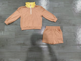 NO MOQ Sample girls solid zipper long sleeve shorts Set cotton