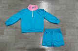NO MOQ Sample girls solid zipper long sleeve shorts Set cotton