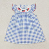 GSD1817 baby Girls July Fourth flying sleeve checked  Dress smocked