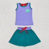 GSD2064 girls sleeveless purple green skirt outfits milk silk