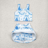GSD2198 girls blue castle bow sleeveless stripe skirt outfits yoga