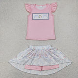 GSD2298  baby girls flying sleeve flower pink bow shorts outfits