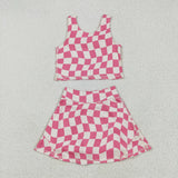 GSD2329 girls sleeveless pink checkered skirt outfits yoga