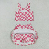 GSD2329 girls sleeveless pink checkered skirt outfits yoga