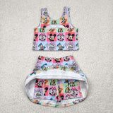 GSD2333 girls sleeveless cartoon mouse checkered skirt outfits yoga