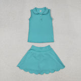 GSD2349 girls sleeveless doll collar blue skirt outfits yoga