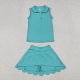 GSD2349 girls sleeveless doll collar blue skirt outfits yoga
