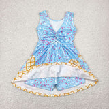 GSD2380  girls blue sleeveless yellow checkered Dress yoga