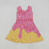 GSD2417 girls sleeveless pink ice cream yellow checkered Dress yoga
