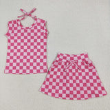 GSD2584 girls sleeveless rose checkered skrit outfits milk silk