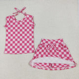 GSD2584 girls sleeveless rose checkered skrit outfits milk silk