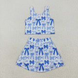 GSD2640 girls vest blue bow skirt outfits yoga