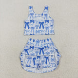GSD2640 girls vest blue bow skirt outfits yoga