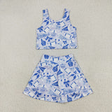 GSD2688 girls vest CHEER blue football skirt outfits yoga