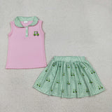 GSD3120 girls embroidered golf pink sleeveless green checkered skirt outfits