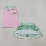 GSD3120 girls embroidered golf pink sleeveless green checkered skirt outfits