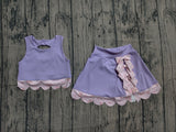 Pre-order GSD3323 baby girls solid purple sleeveless checkered bow skirt Outfits yoga